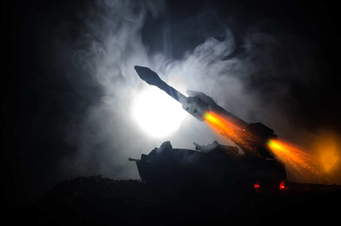 Rocket,Launch,With,Fire,Clouds.,Battle,Scene,With,Rocket,Missiles