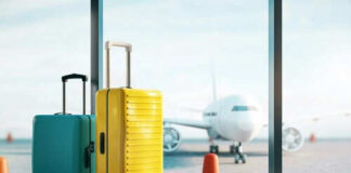 Two suitcases at airport window with airplane outside