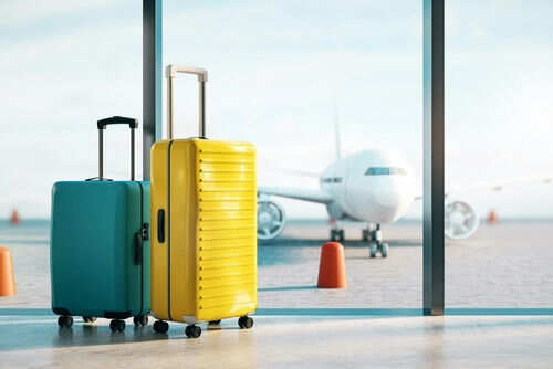 Two suitcases at airport window with airplane outside