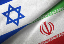 Israeli and Iranian flags overlapping.