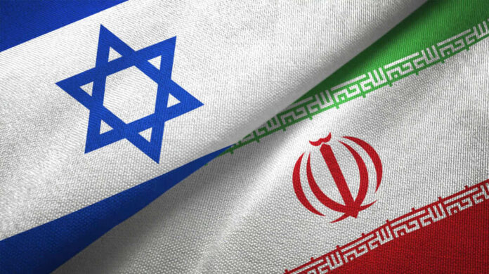 Israeli and Iranian flags overlapping.