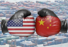 Boxing gloves with US and China flags clash