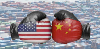 Boxing gloves with US and China flags clash