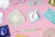 Various contraceptive methods on a pink background