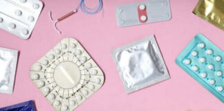 Various contraceptive methods on a pink background