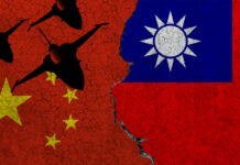 Chinese jets over split China Taiwan flags