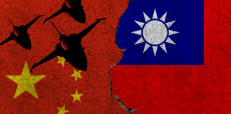 Chinese jets over split China Taiwan flags
