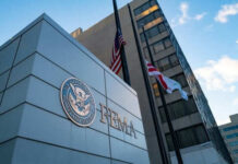 FEMA building with flags at half mast