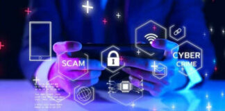 Person using tablet surrounded by cybersecurity icons