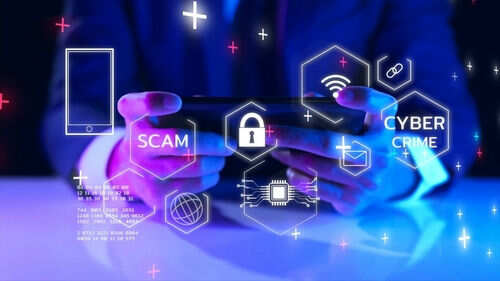 Person using tablet surrounded by cybersecurity icons