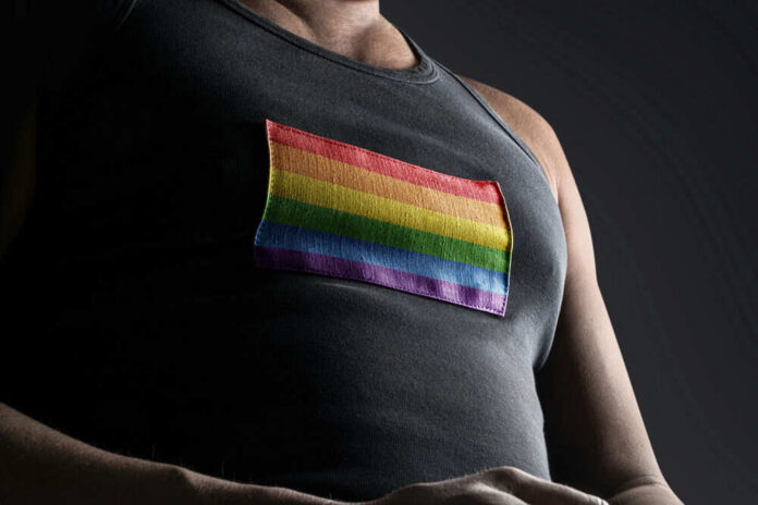Person wearing shirt with rainbow flag patch
