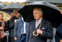 Man holding umbrella in rainy weather with crowd
