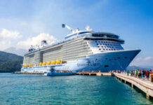 Cruise ship docked with people walking nearby