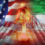A composite image featuring the US and Iranian flags with a nuclear explosion in the center