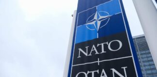 NATO sign with flags in the background