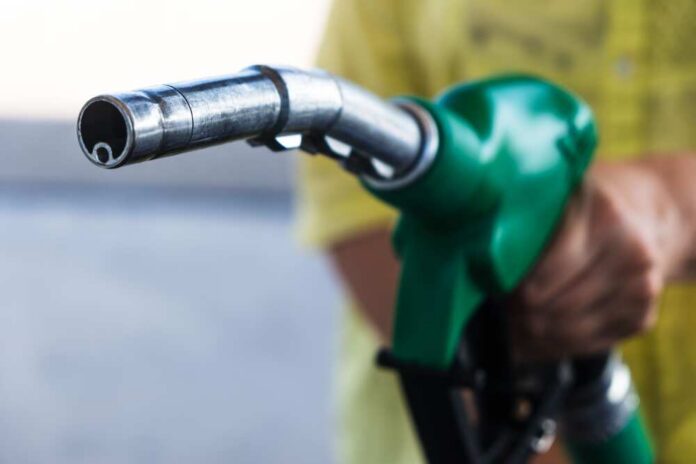 shutterstock_2692695409.jpg Close-up of a hand holding a green fuel pump nozzle