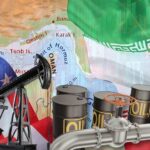 An illustration featuring oil barrels, an oil pump, and flags of the USA and Iran over a map of the Middle East