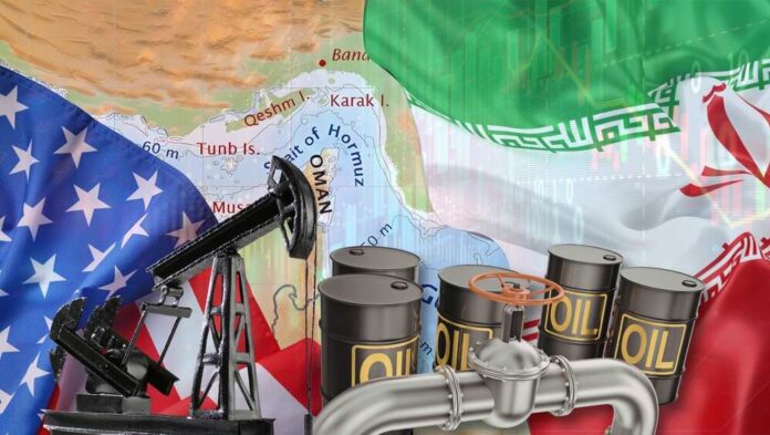 shutterstock_2752839673.jpg An illustration featuring oil barrels, an oil pump, and flags of the USA and Iran over a map of the Middle East