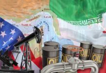 An illustration featuring oil barrels, an oil pump, and flags of the USA and Iran over a map of the Middle East