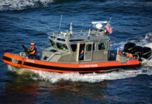 U.S. Coast Guard boat speeding on water.
