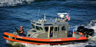 U.S. Coast Guard boat speeding on water.