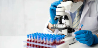 Scientist using a microscope with blood samples in tubes