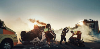 Emergency responders at an overturned, smoking car on a roadway