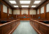 Empty blurred courtroom with wooden interior usa flags