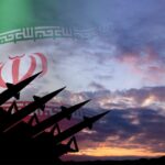 Blockade Defiance: US Jets Strike Iranian Ships Silhouette of missiles in front of the Iranian flag during sunset