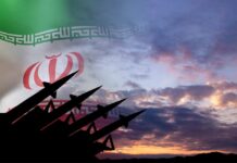 Silhouette of missiles in front of the Iranian flag during sunset