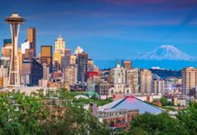 Panoramic view of Seattle with the Space Needle and Mount Rainier in the background
