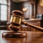 A wooden gavel resting on a courtroom table with a scale of justice in the background