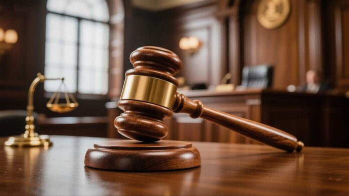 A,Wooden,Gavel,Rests,On,A,Table,In,A,Courtroom, A wooden gavel resting on a courtroom table with a scale of justice in the background