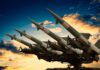 Cruise missile launcher with missiles pointed upwards against a sunset sky