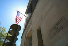 United States flag Department of Justice building exterior