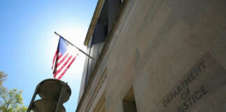 United States flag Department of Justice building exterior
