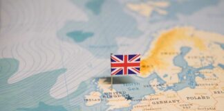 Map highlighting the United Kingdom with a flag