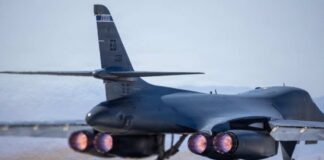 B-1 bomber aircraft preparing for takeoff with visible jet engines