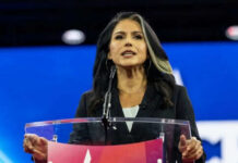 Gabbard–Vance Buzz Skyrockets, Proof Vanishes Person speaking at a podium during an event