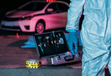 Daylight Killing — Investigators Clamp Down Forensic investigator at crime scene with police car.