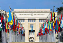 U.N. Meltdown: U.S. Bolts On France United Nations building with numerous national flags outside.