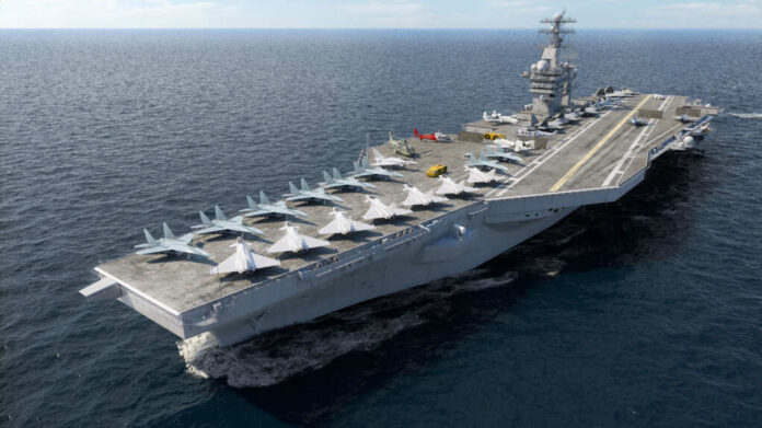Aircraft carrier sailing at sea with jets lined up on the flight deck