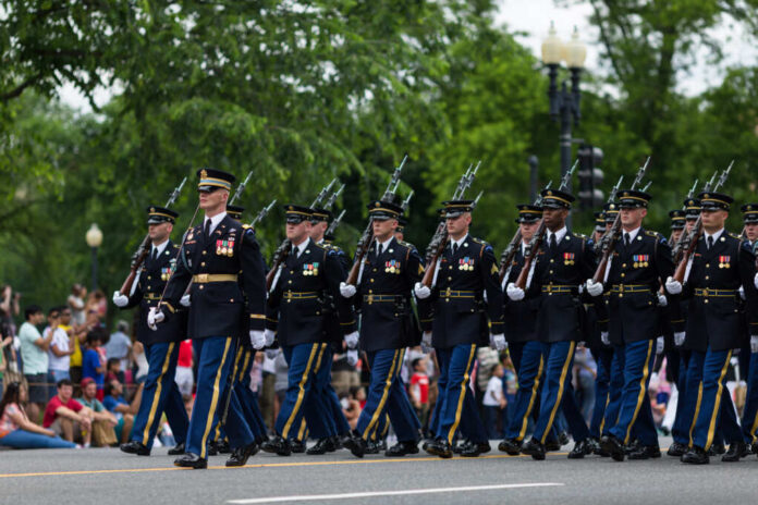Washington,,D.c.,-,May,30,,2016:,Memorial,Day,Parade.,A Soldiers in dress uniforms march in formation during a parade
