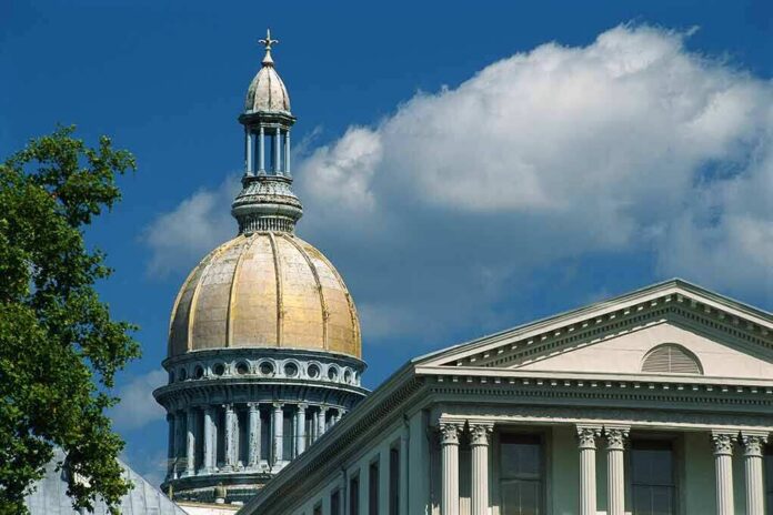Capitol-style dome and neoclassical building facade under blue sky