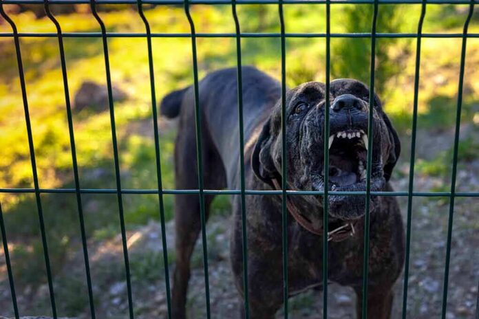 shutterstock_1189950049 Barking dog behind a metal fence