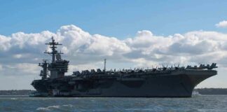 Aircraft carrier at sea with fighter jets on deck