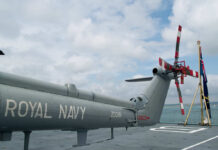 Russian Bear Taunts UK Carrier Military helicopter on a naval deck with a cloudy sky