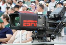 Fake Streams Flooded This World Cup Broadcast camera with ESPN branding at a sports event