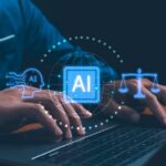 Apple Drops Bomb on OpenAI Person typing on a laptop with AI and legal symbols displayed