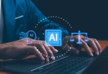 Apple Drops Bomb on OpenAI Person typing on a laptop with AI and legal symbols displayed